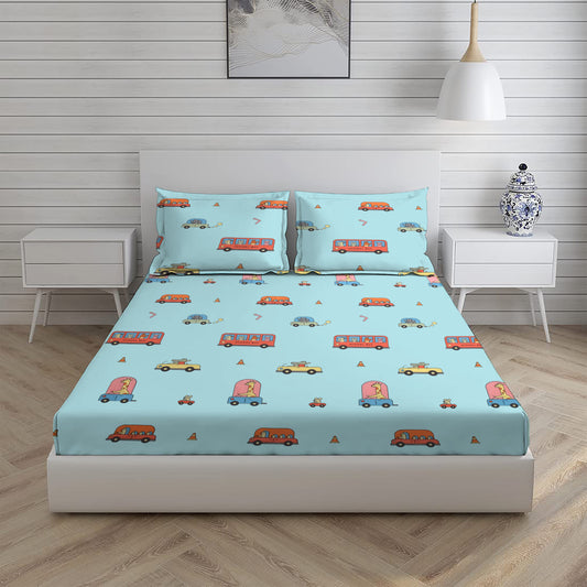 Car Bus Print Double Bed Set with Bedsheet and 2 Pillow Covers