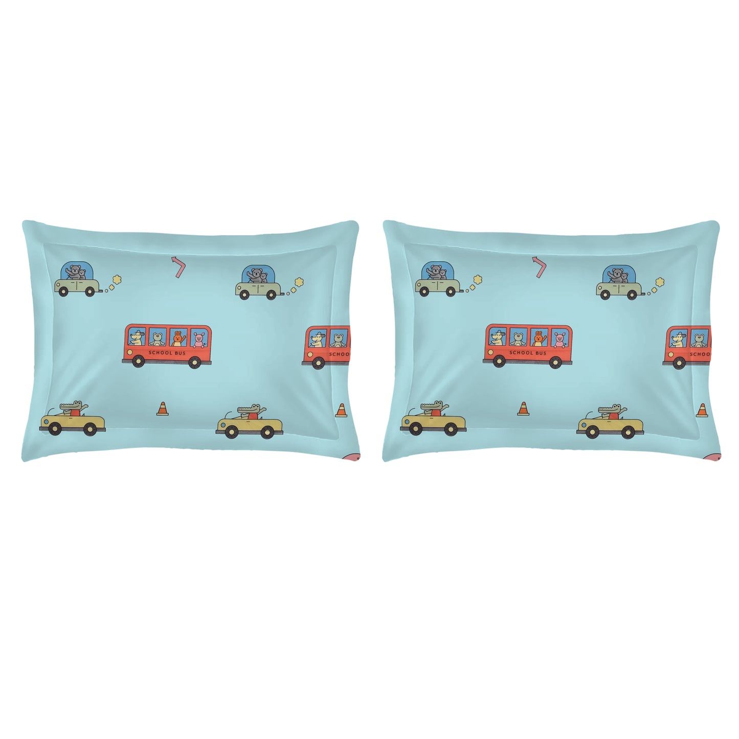 Car Bus Print Double Bed Set with Bedsheet and 2 Pillow Covers