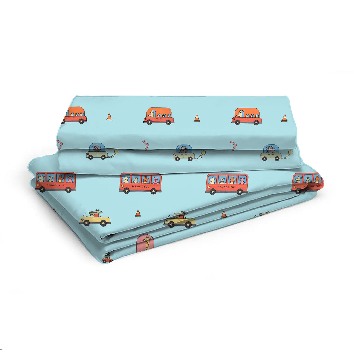 Car Bus Print Double Bed Set with Bedsheet and 2 Pillow Covers