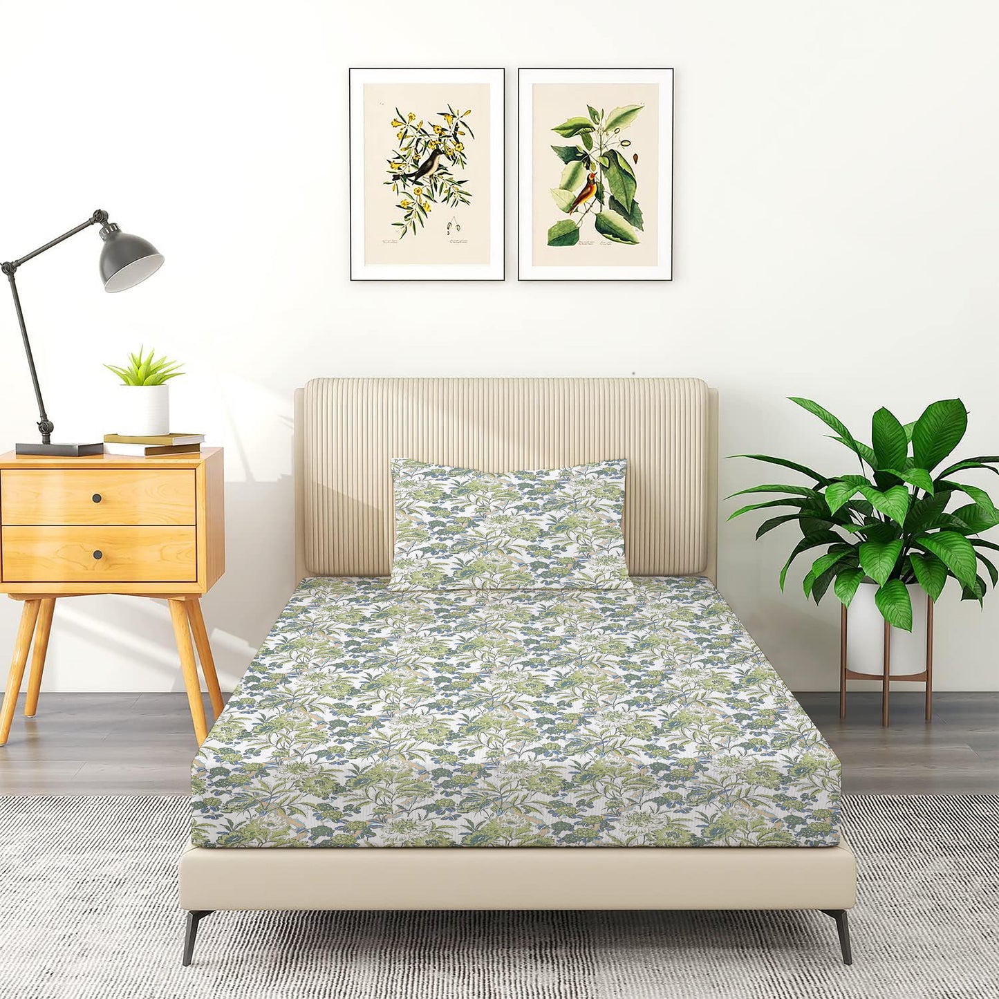 Green Floral Design Premium Single Bedsheet with 2 Pillow Covers