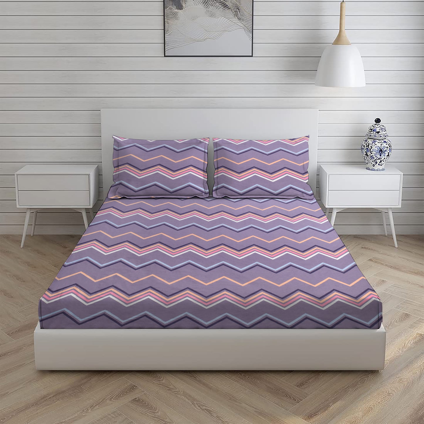 Zig Zag Shape Double Bed Set with Bedsheet and 2 Pillow Covers