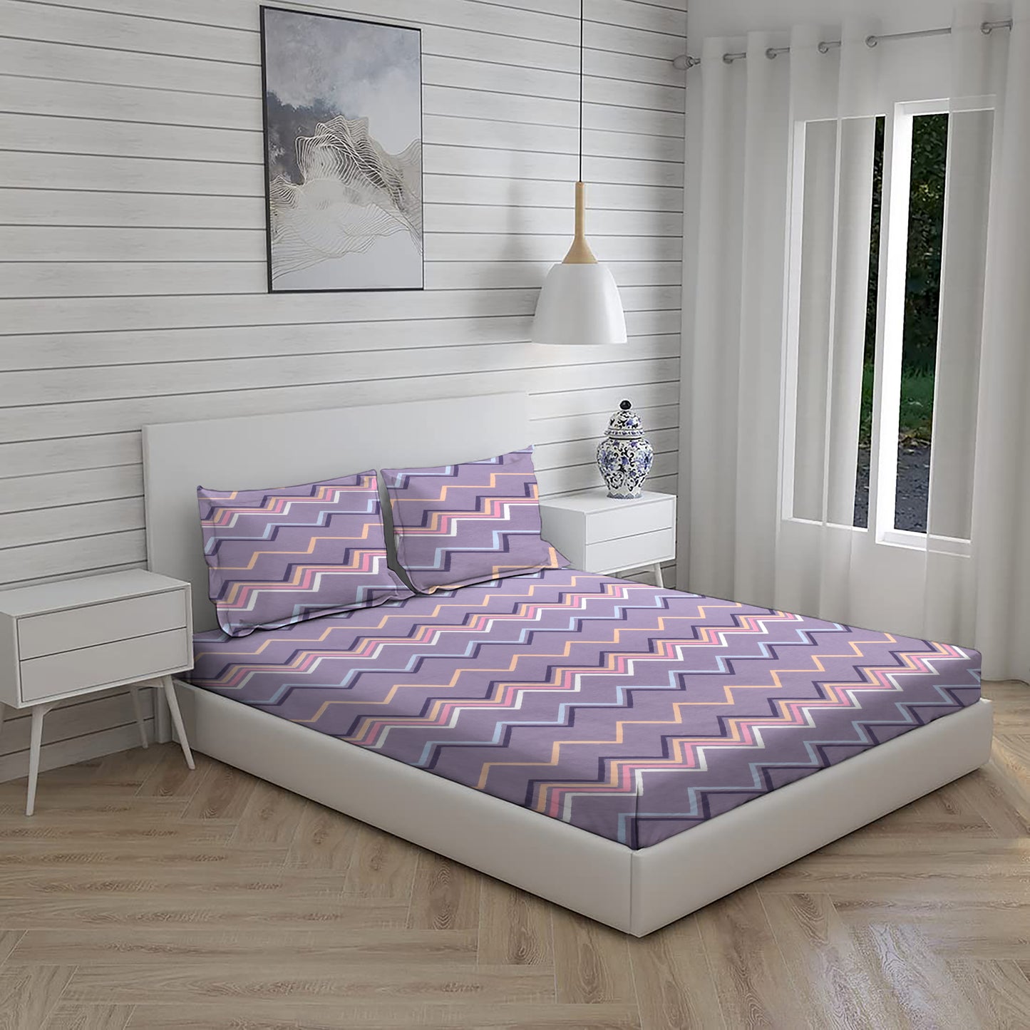 Zig Zag Shape Double Bed Set with Bedsheet and 2 Pillow Covers