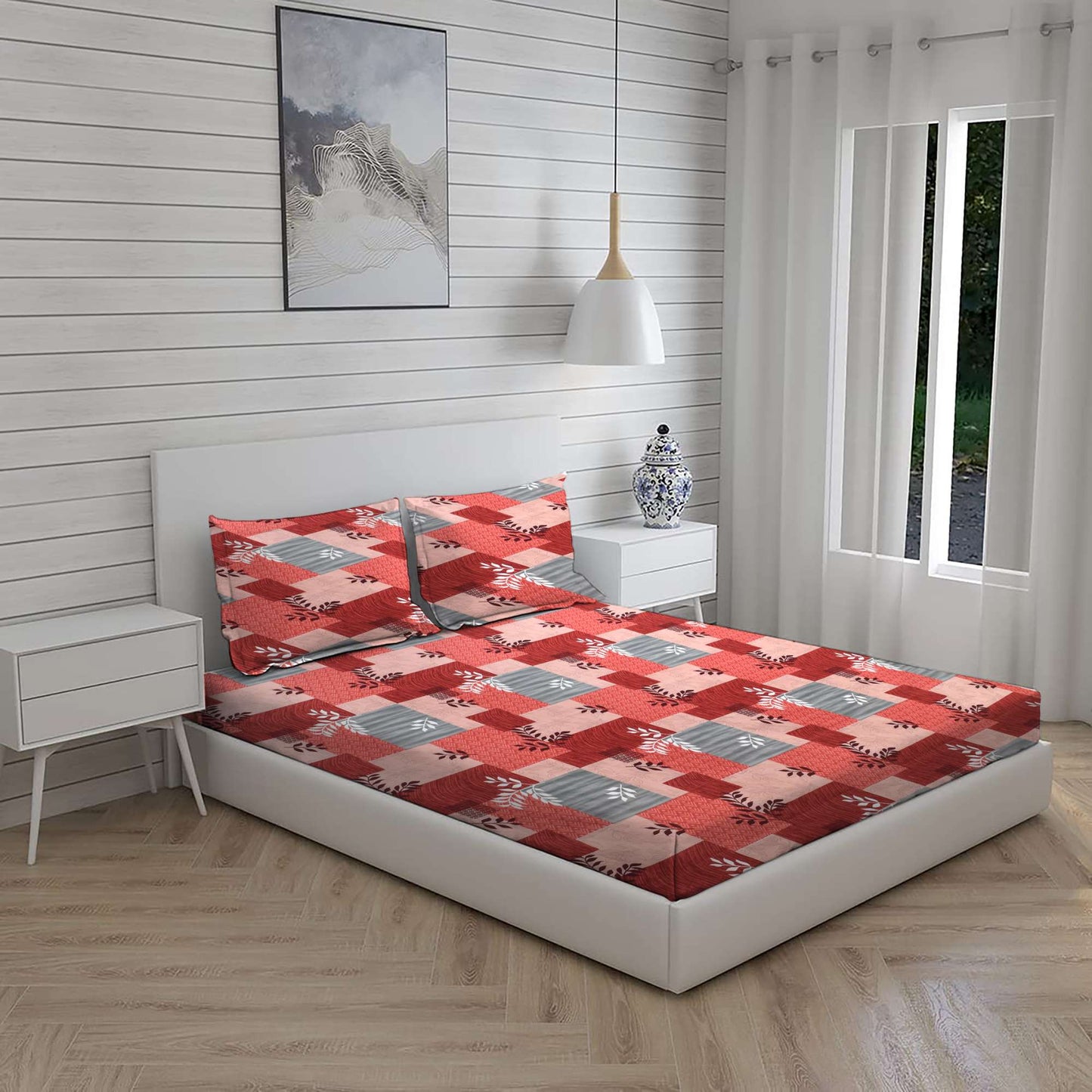 Premium Double Bed Set with Bedsheet and 2 Pillow Covers (Square Design)