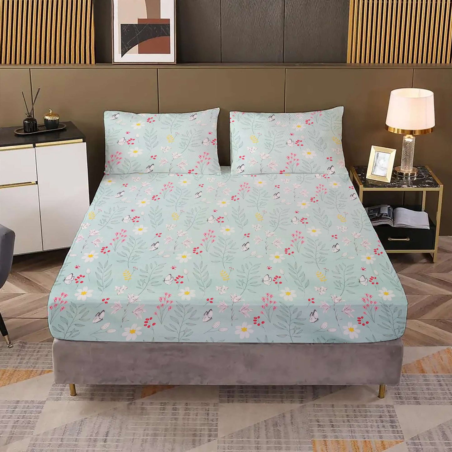 Floral Design Premium Double Bed Set with 2 Pillow Covers for Bedroom, Hotel