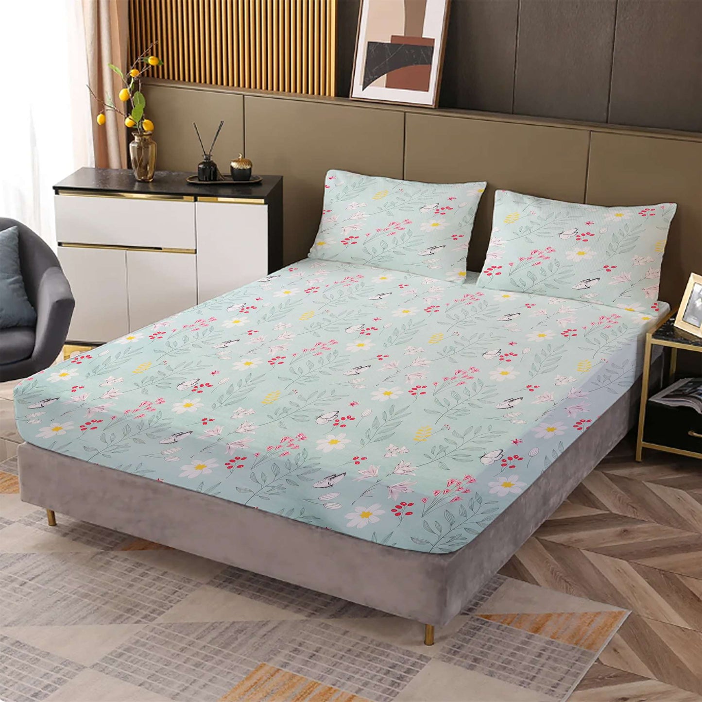 Floral Design Premium Double Bed Set with 2 Pillow Covers for Bedroom, Hotel