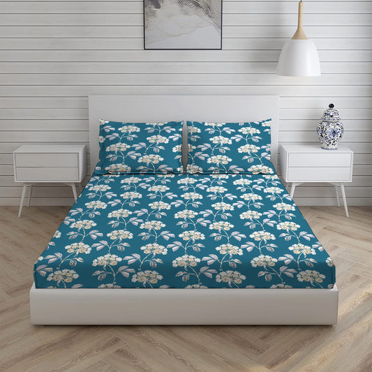 Blue Floral Design Double Bed Set with Bedsheet and 2 Pillow Covers