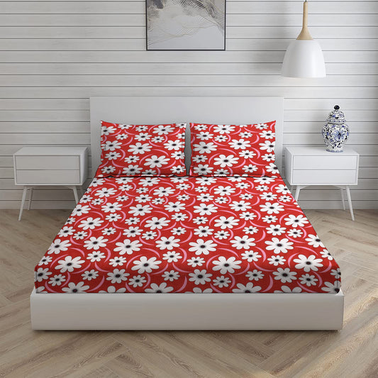 Red Floral Design Double Bed Set with Bedsheet and 2 Pillow Covers