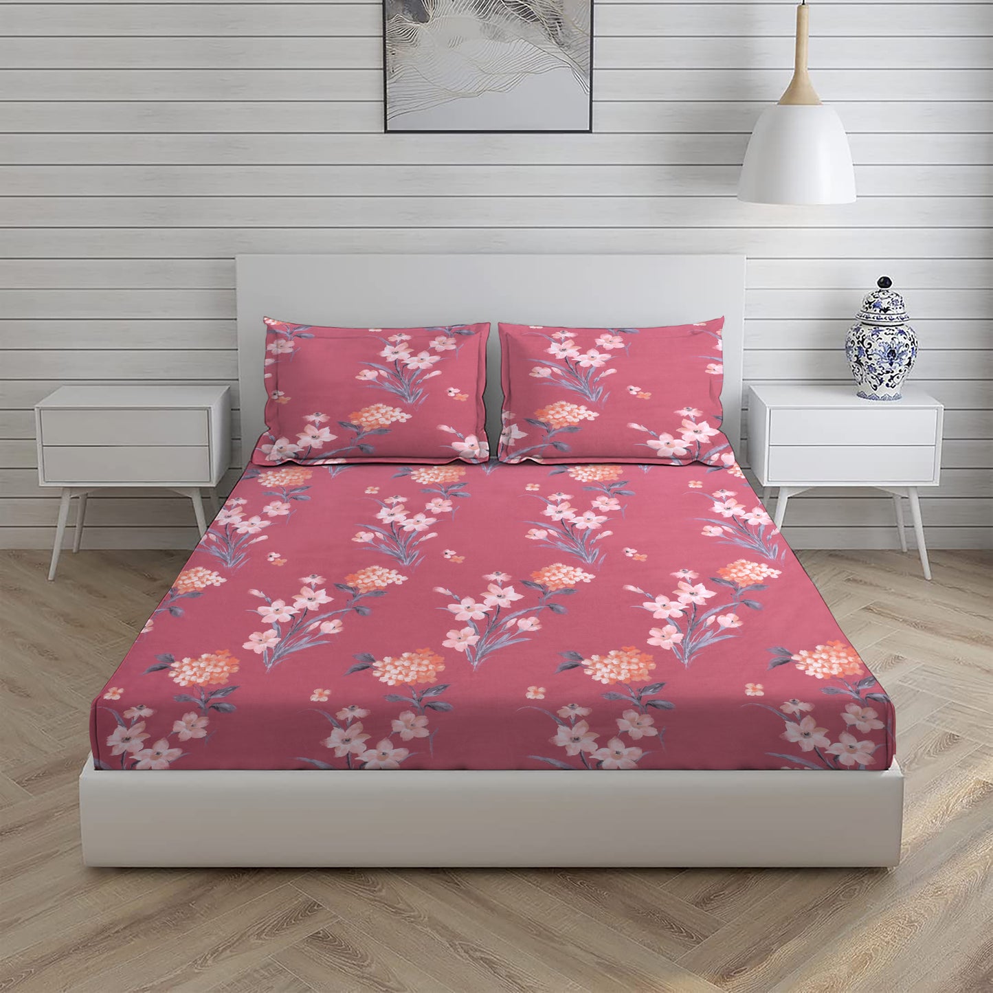 Floral Red Double Bed Set with Bedsheet and 2 Pillow Covers