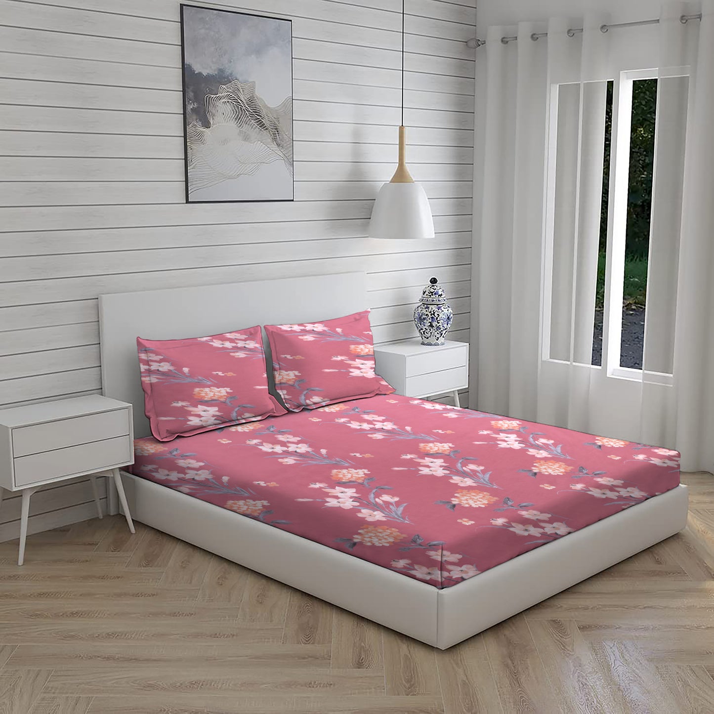 Floral Red Double Bed Set with Bedsheet and 2 Pillow Covers