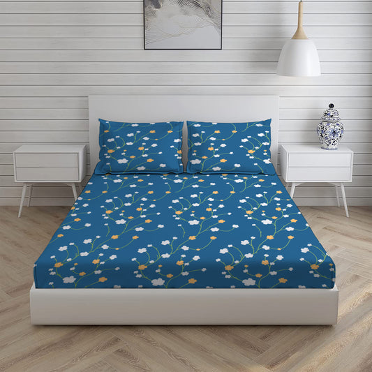 Floral Blue Double Bed Set with Bedsheet and 2 Pillow Covers