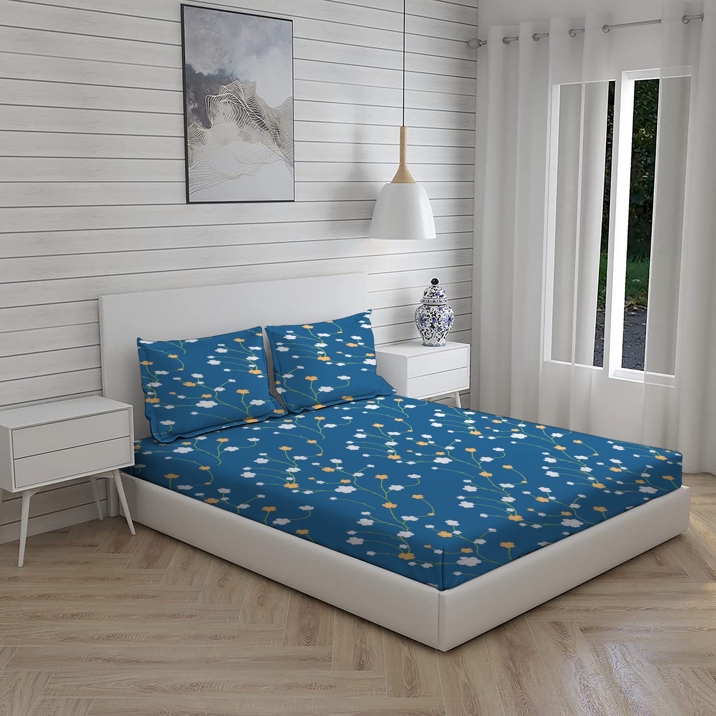 Floral Blue Double Bed Set with Bedsheet and 2 Pillow Covers